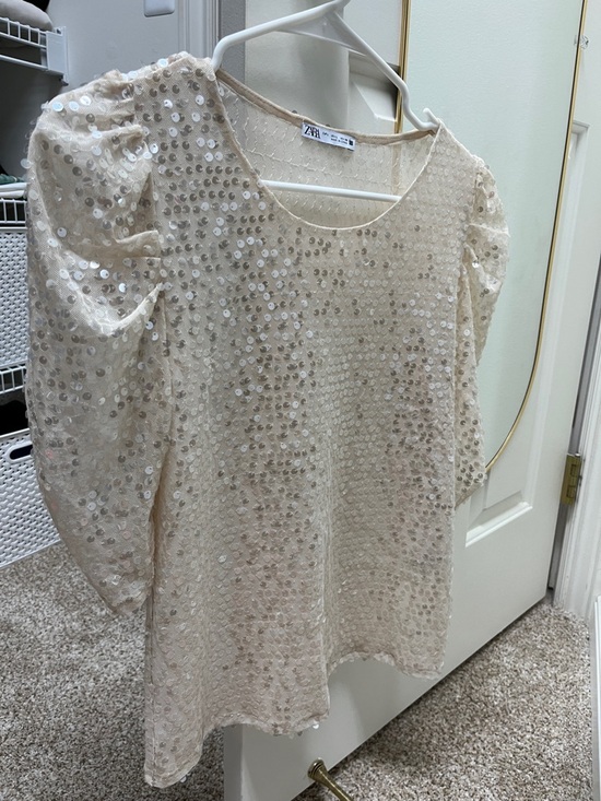 Zara Tops - ZARA Cream Sequin Mesh Shell Top